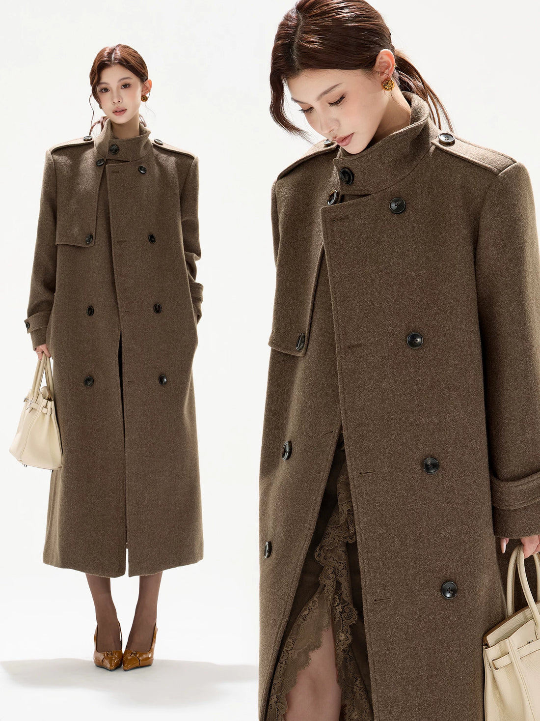 Statement Wide-Shoulder Wool-Blend Overcoat