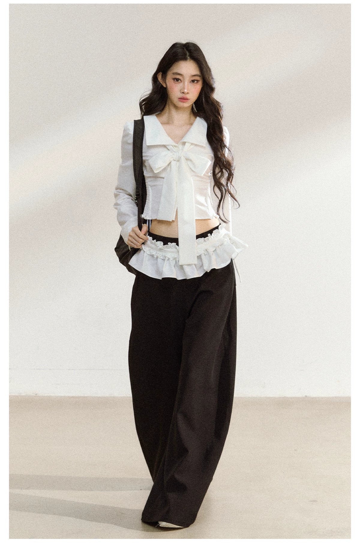 Butterfly Bow White Blouse &amp; Lace-Trim Straight Pants Set