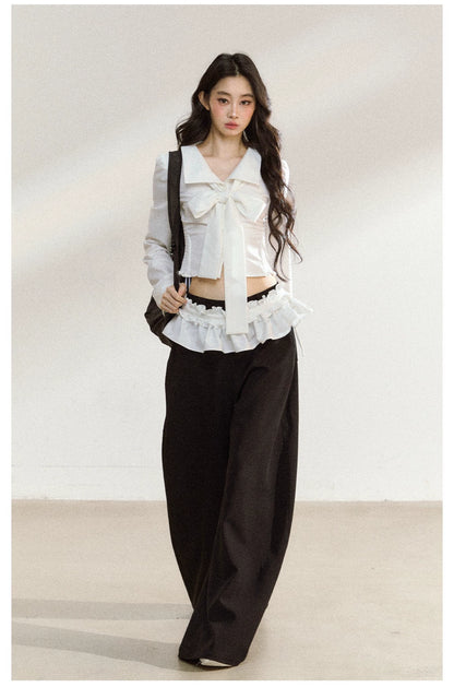 Butterfly Bow White Blouse &amp; Lace-Trim Straight Pants Set