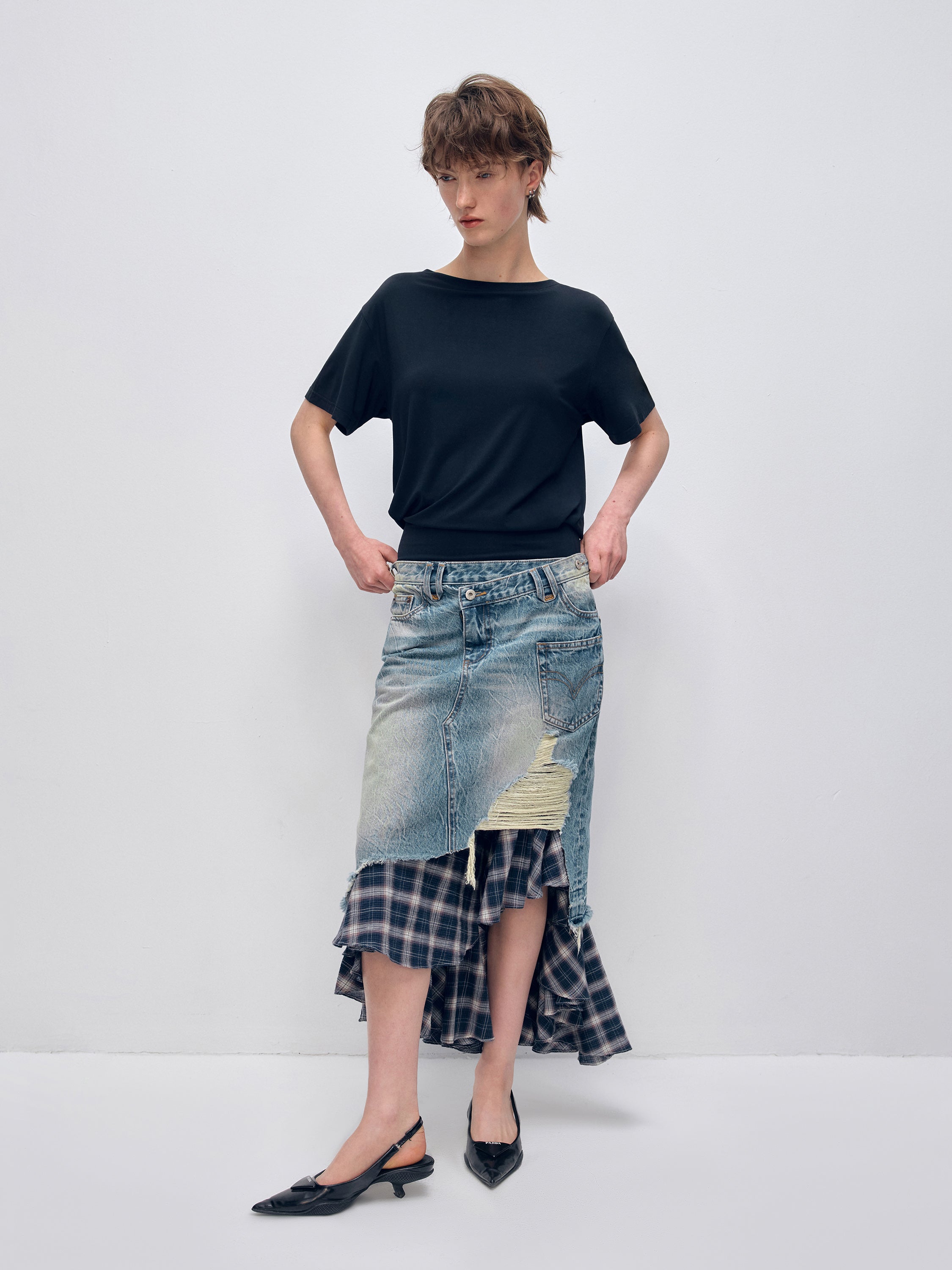 Irregular Denim Patchwork Plaid Fish Tail Skirt