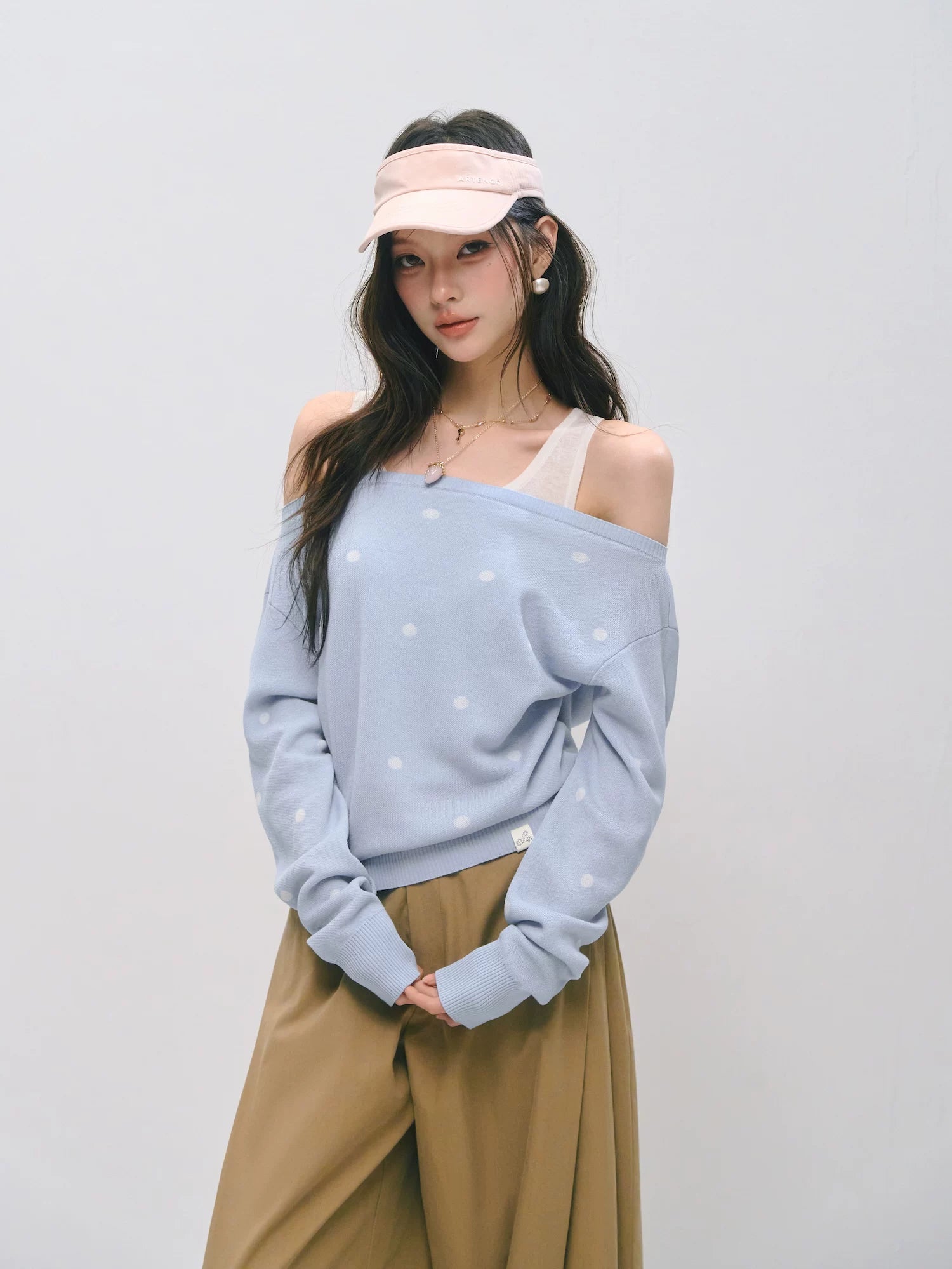 Off-Shoulder Polka Dot Layered Knit Sweater