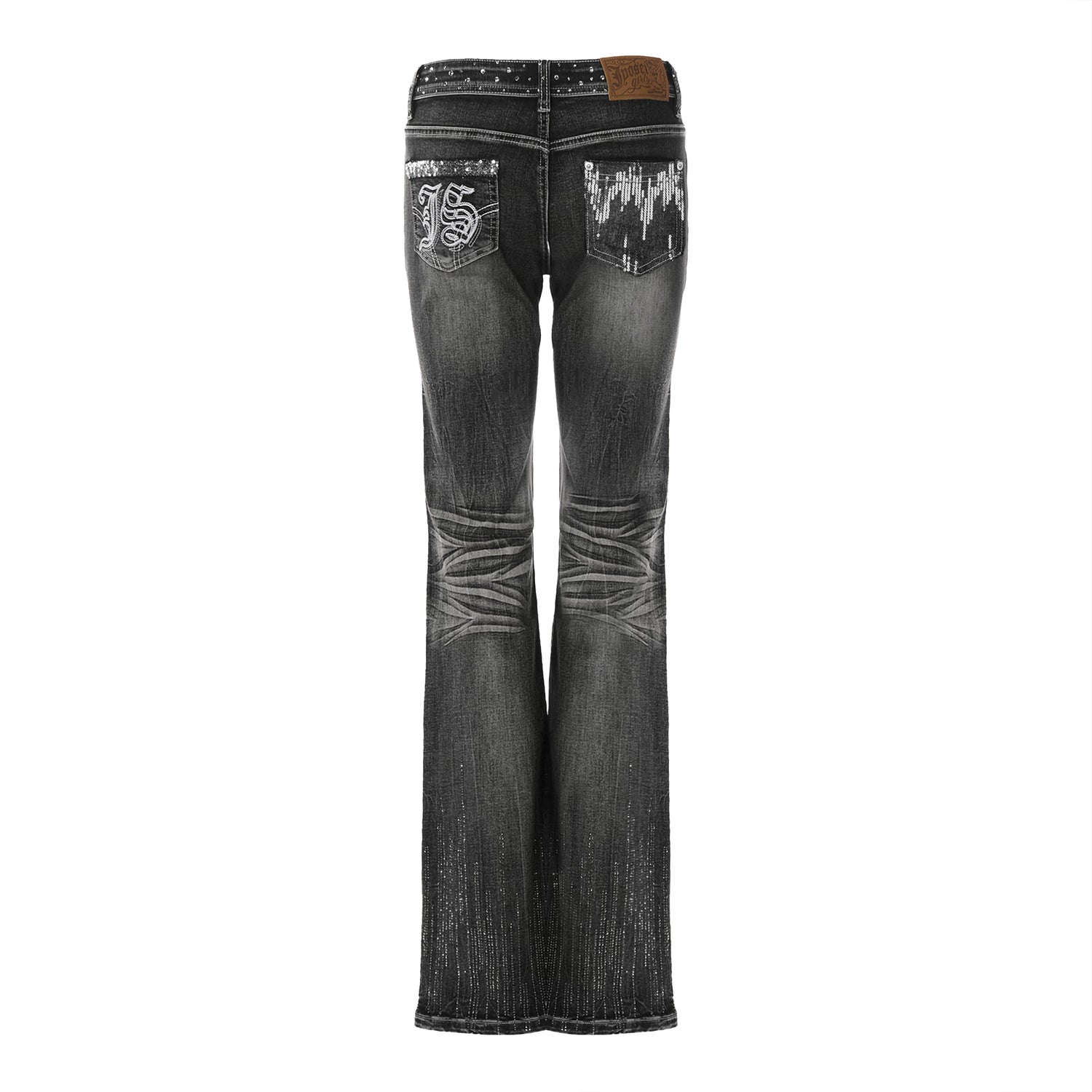Vintage Embellished Flared Stretch Denim Jeans