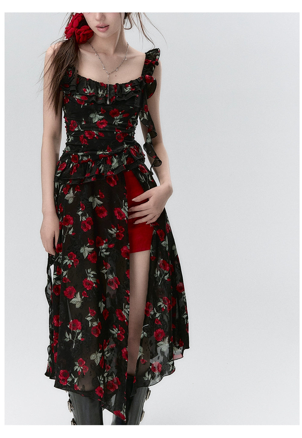 Detachable Square Neck Floral Midi Dress - CHINASQUAD