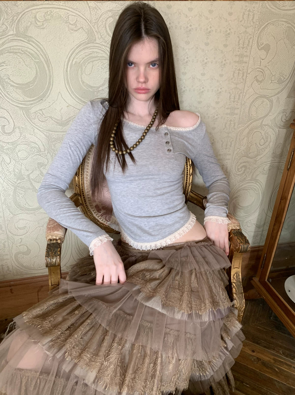 Asymmetric Henley Lace Trim Long Sleeve Top