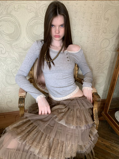 Asymmetric Henley Lace Trim Long Sleeve Top