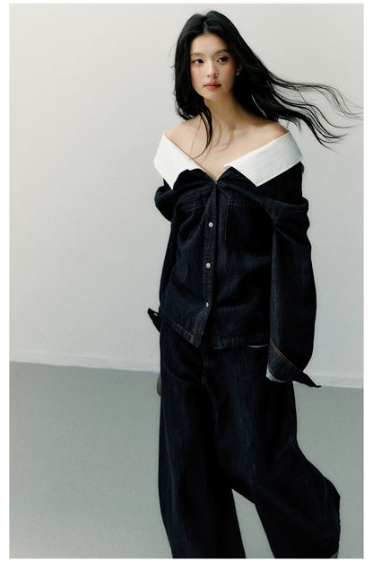 Off-Shoulder Denim Long Sleeve Shirt