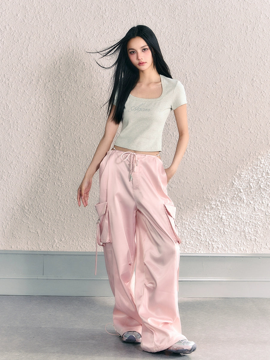 (Final Sale) Gray &amp; Pink Satin Low-Rise Wide-Leg Pants