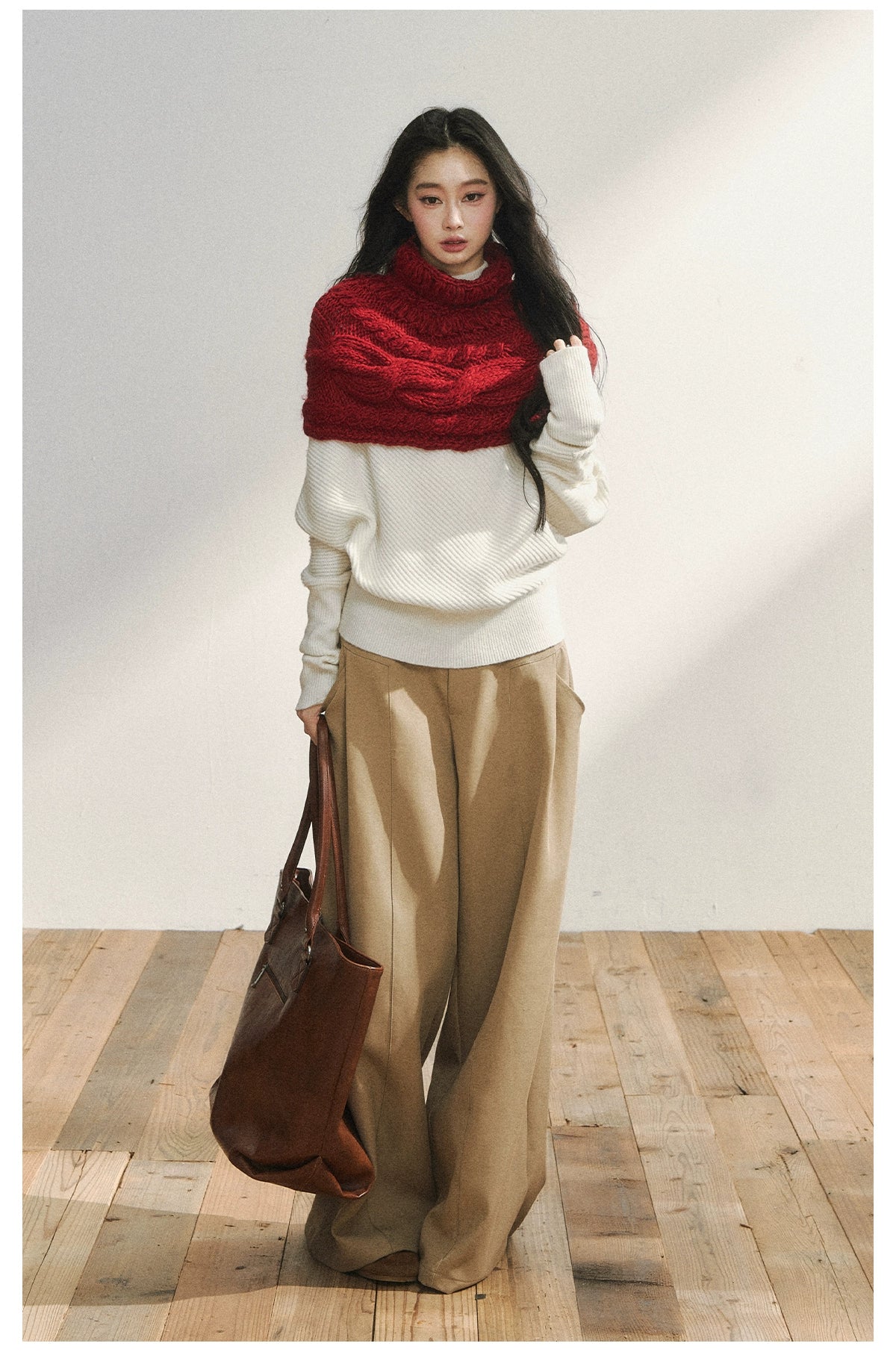 Two-Tone Knitted Fuzzy Pullover Shawl