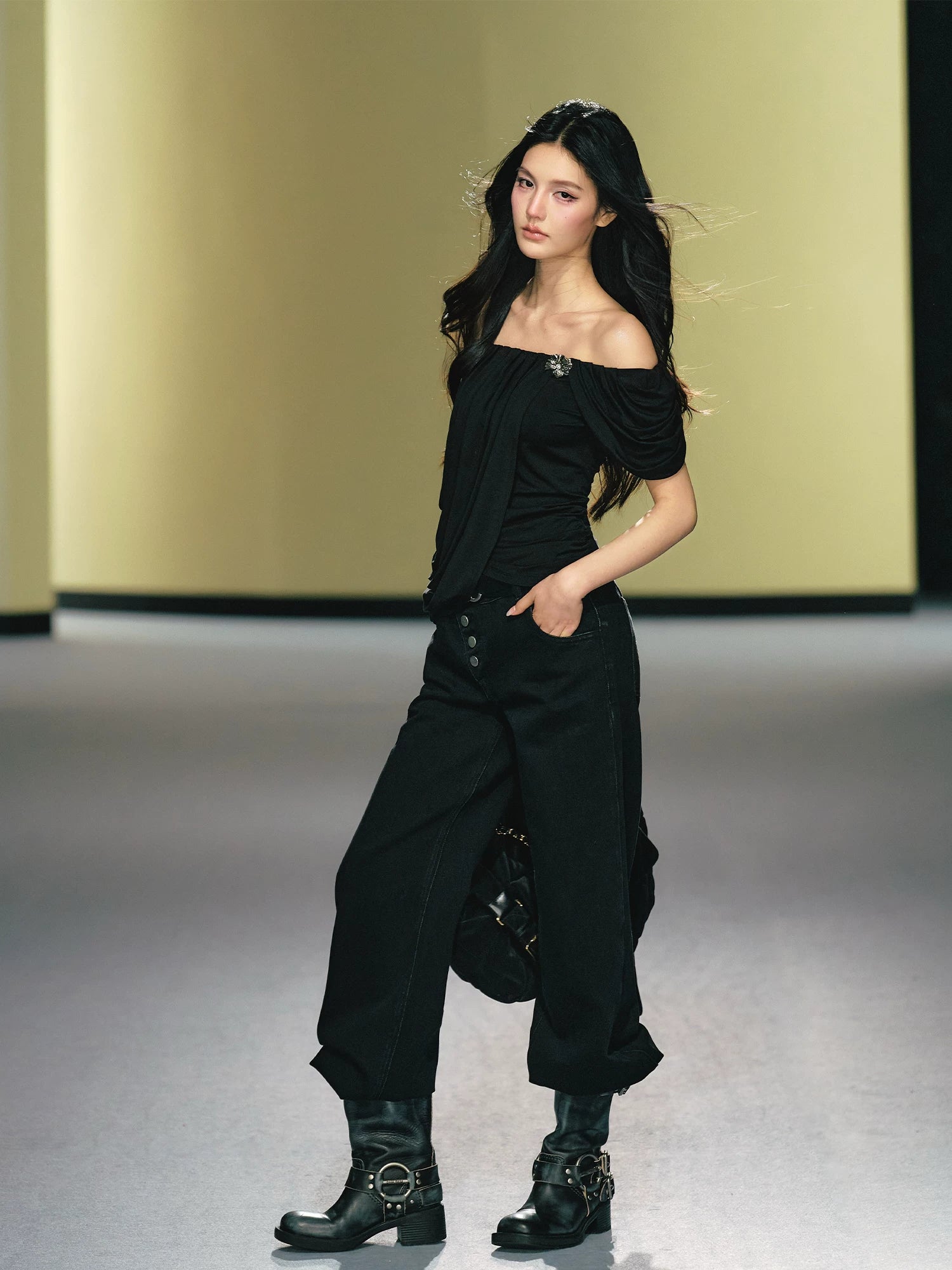 Asymmetric Placket Straight-Leg Denim Trousers
