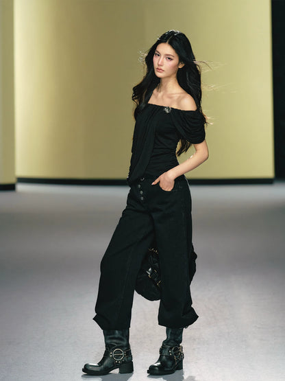 Asymmetric Placket Straight-Leg Denim Trousers