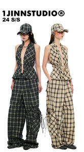 Gradient Plaid Wide-Leg Cargo Pants - CHINASQUAD