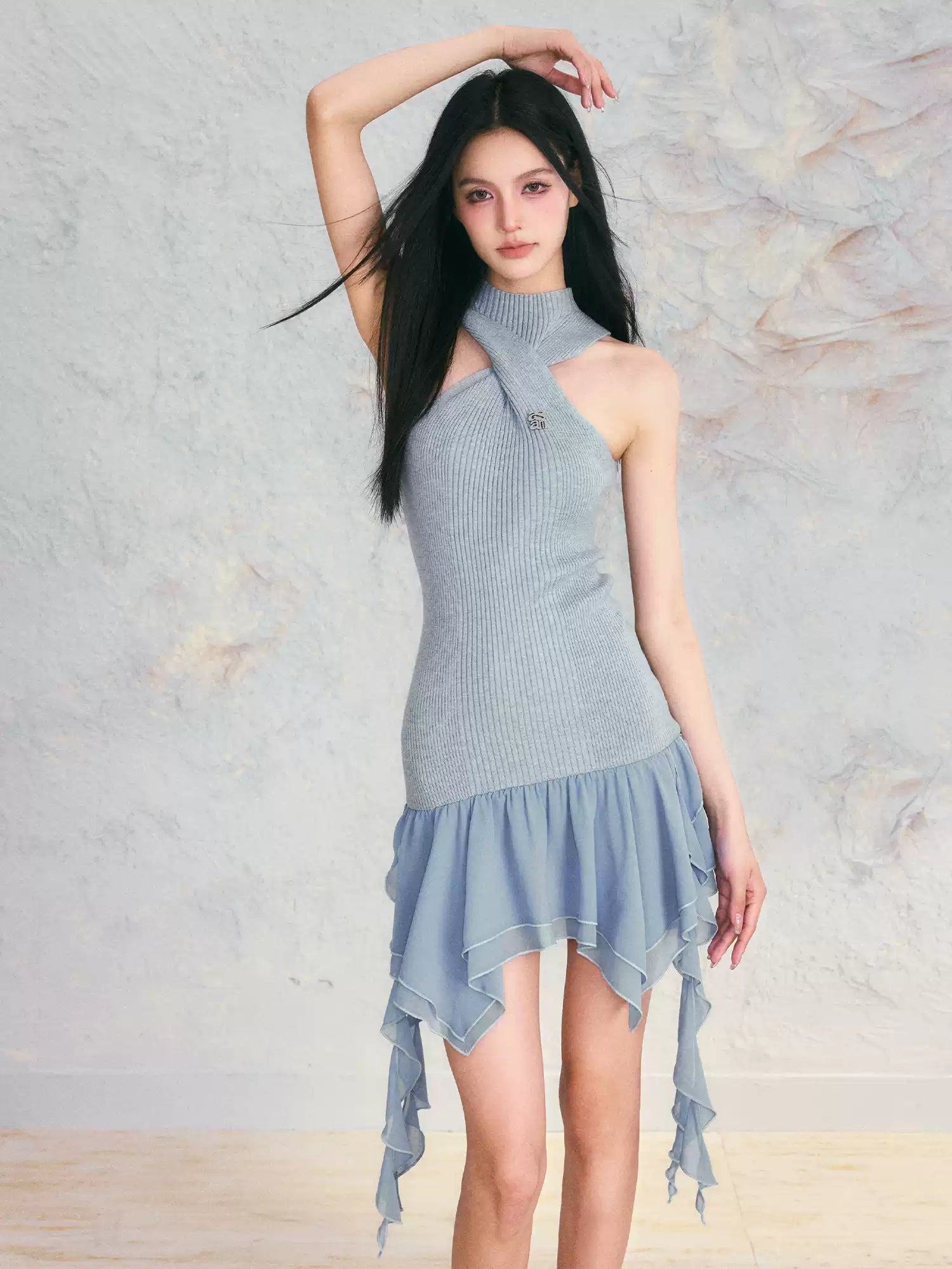 Blue Irregular Ruffled Mini Dress