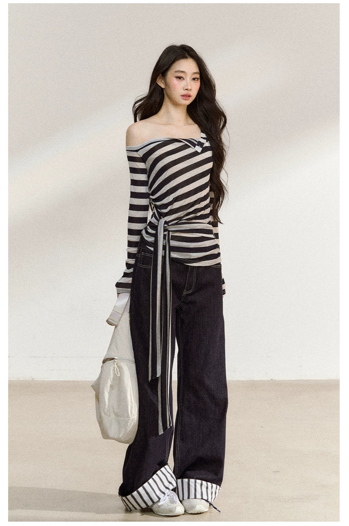 Asymmetric Stripe Off-Shoulder Tie Blouse
