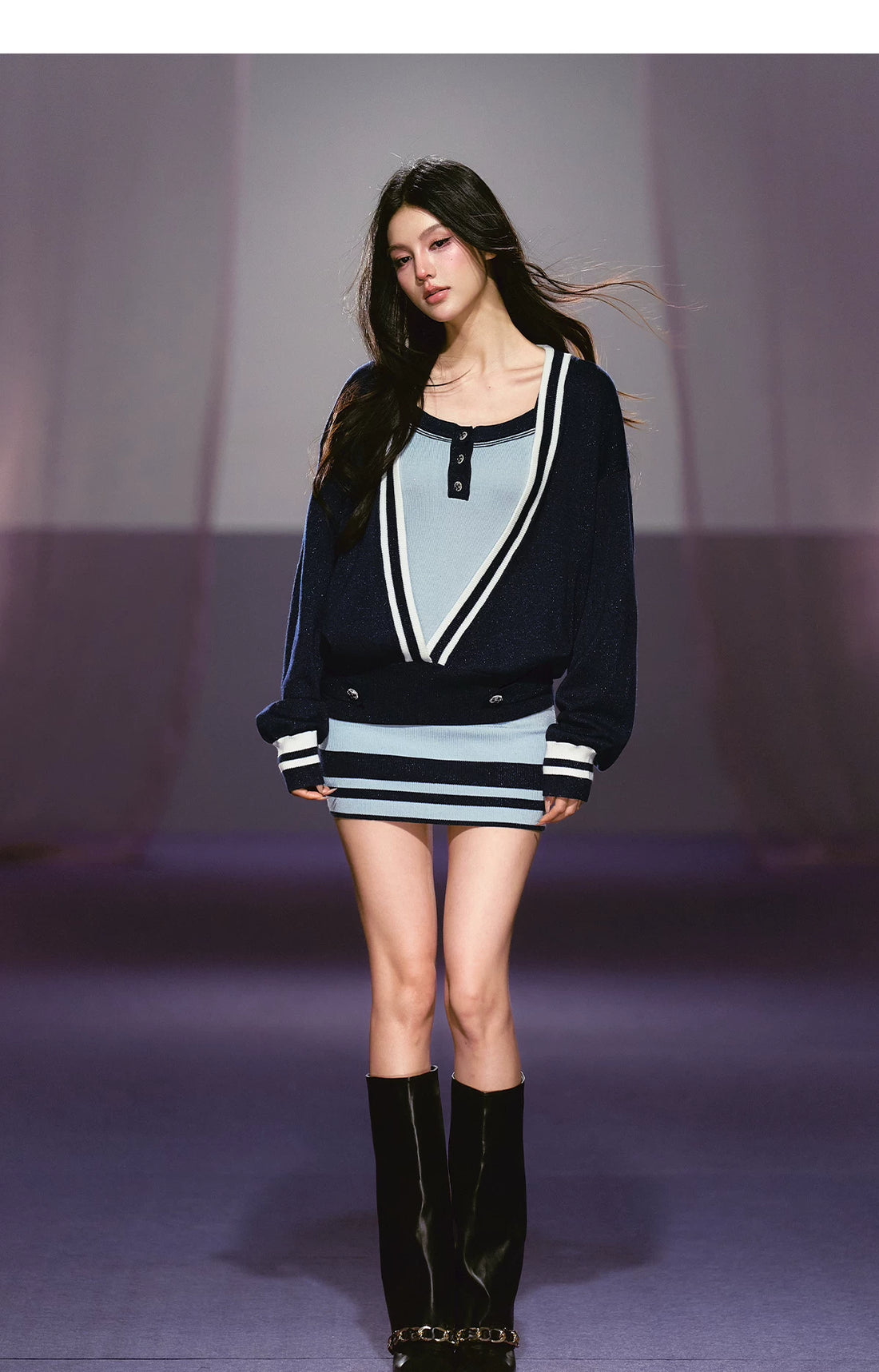 Striped Deep V Knit Dress &amp; Cardigan Set