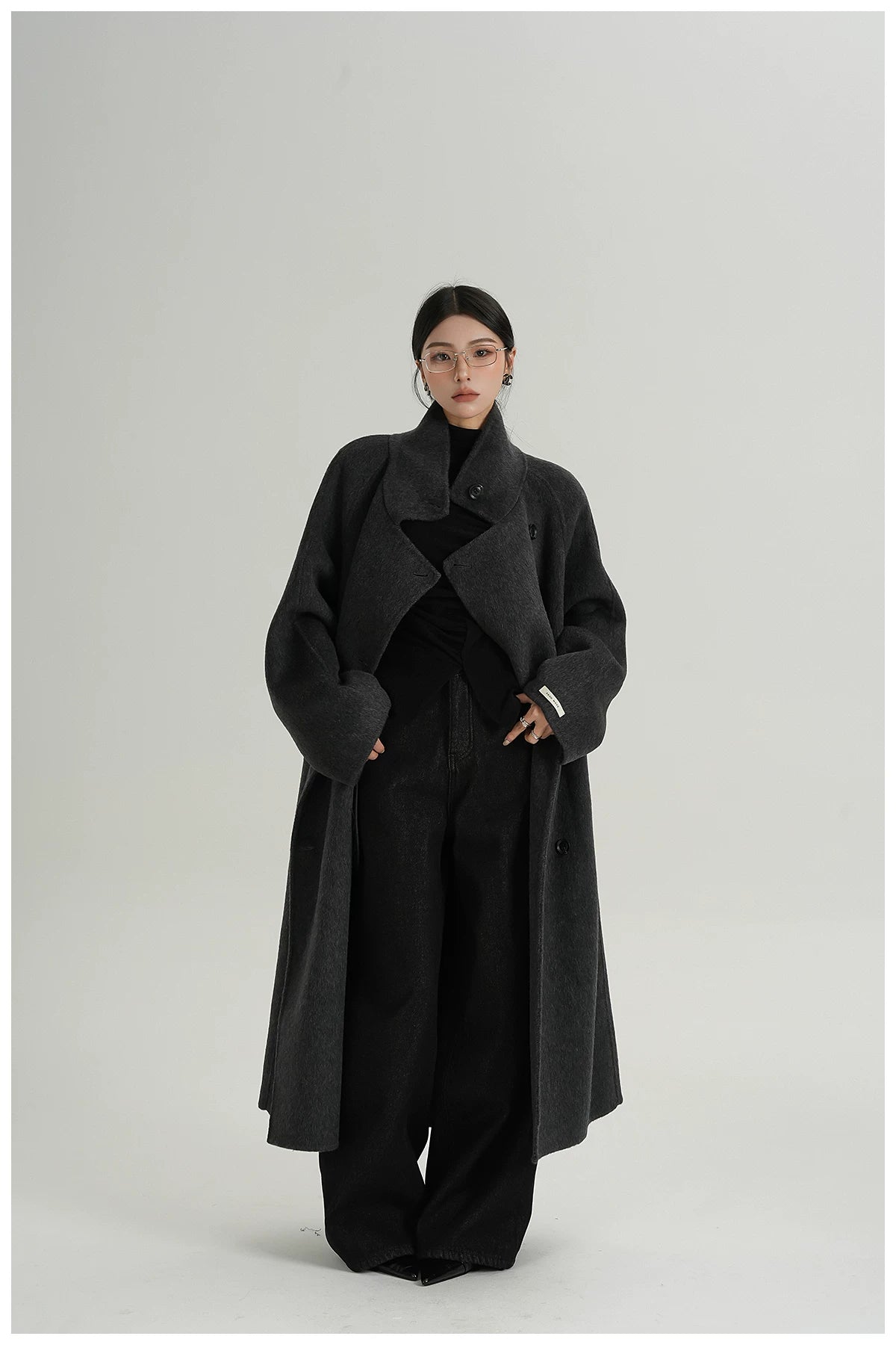 Stand-Collar Long Wool Double-Faced Coat