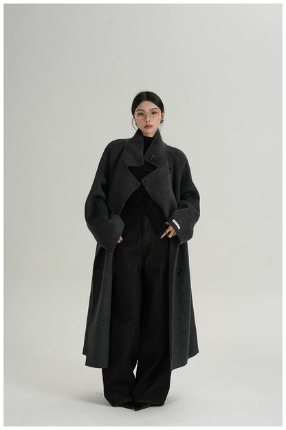 Stand-Collar Long Wool Double-Faced Coat