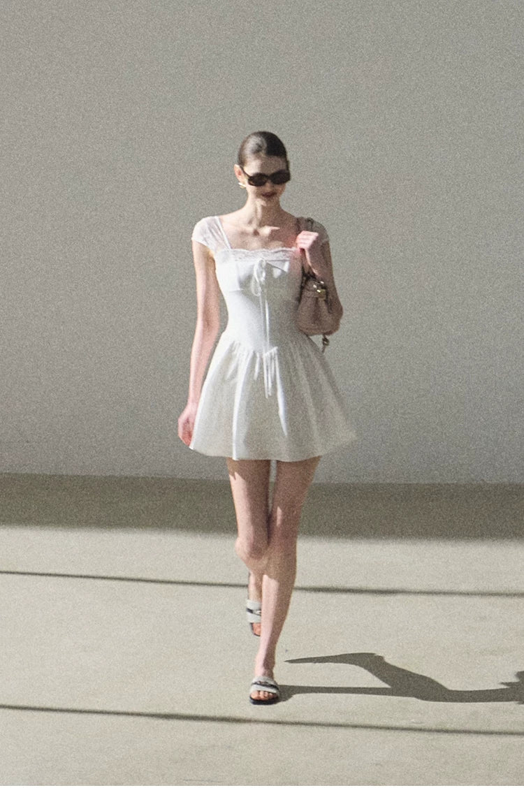 Lace-Spliced Cinched-Waist Vacation Camisole Dress