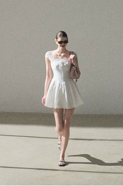 Lace-Spliced Cinched-Waist Vacation Camisole Dress