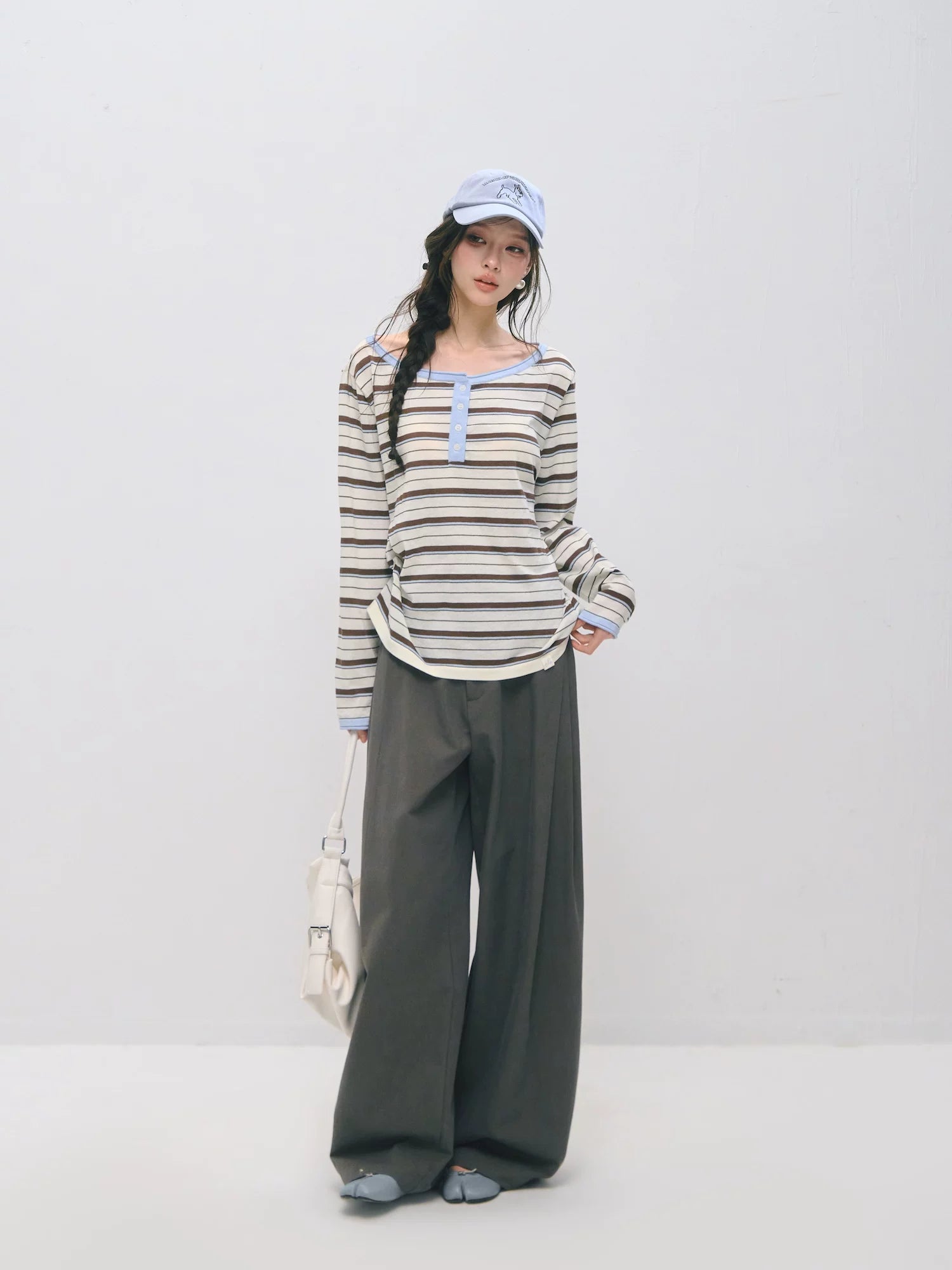 Relaxed Striped Henley Long Sleeve Top