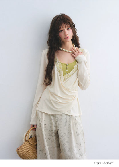 Tencel Lace Contrast Layered Cross-Drape Blouse
