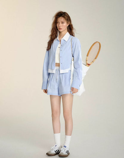 Blue &amp; White Layered Faux Two-piece Striped Shirt &amp; Shorts