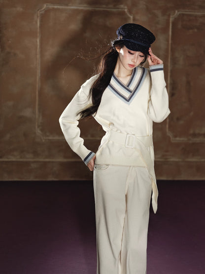 Contrast Double-V Neck Relaxed Knit Sweater