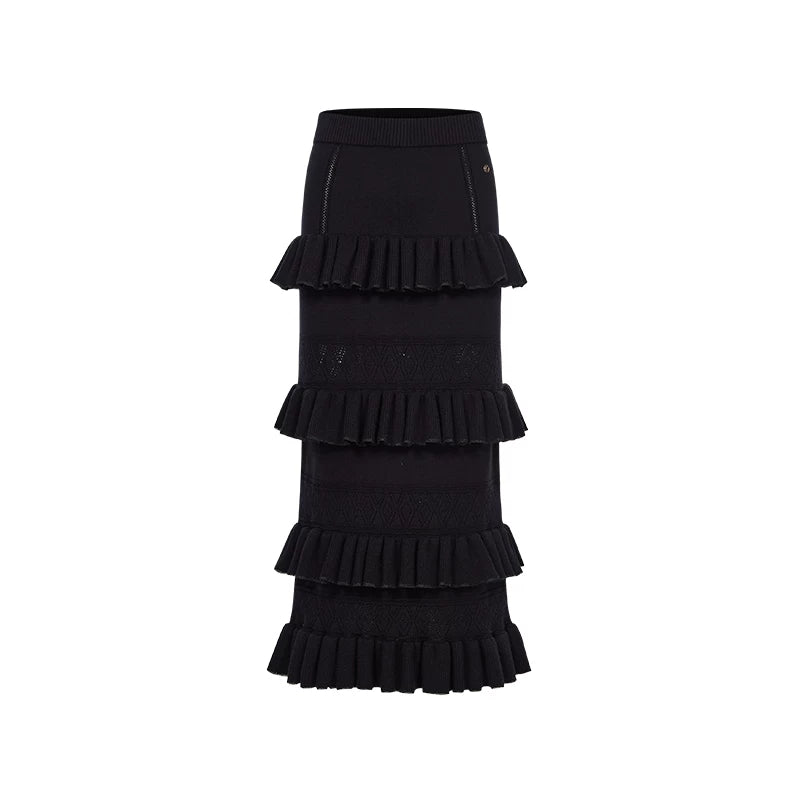 Lace Ruffle Knit Top &amp; Midi Skirt Two-Piece Set