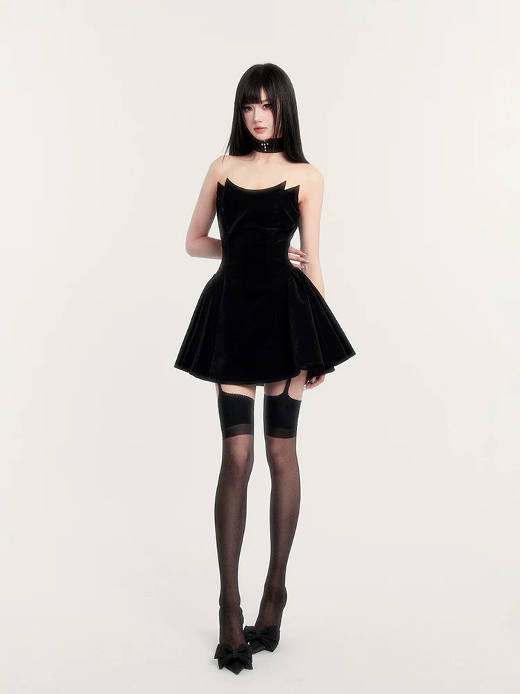 Devil’s Kiss Strapless Velvet Puff Dress