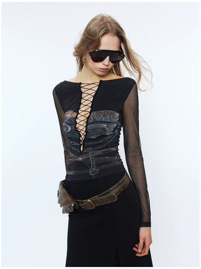 Original Print Mesh Patchwork Tie-Up Base Layer Top