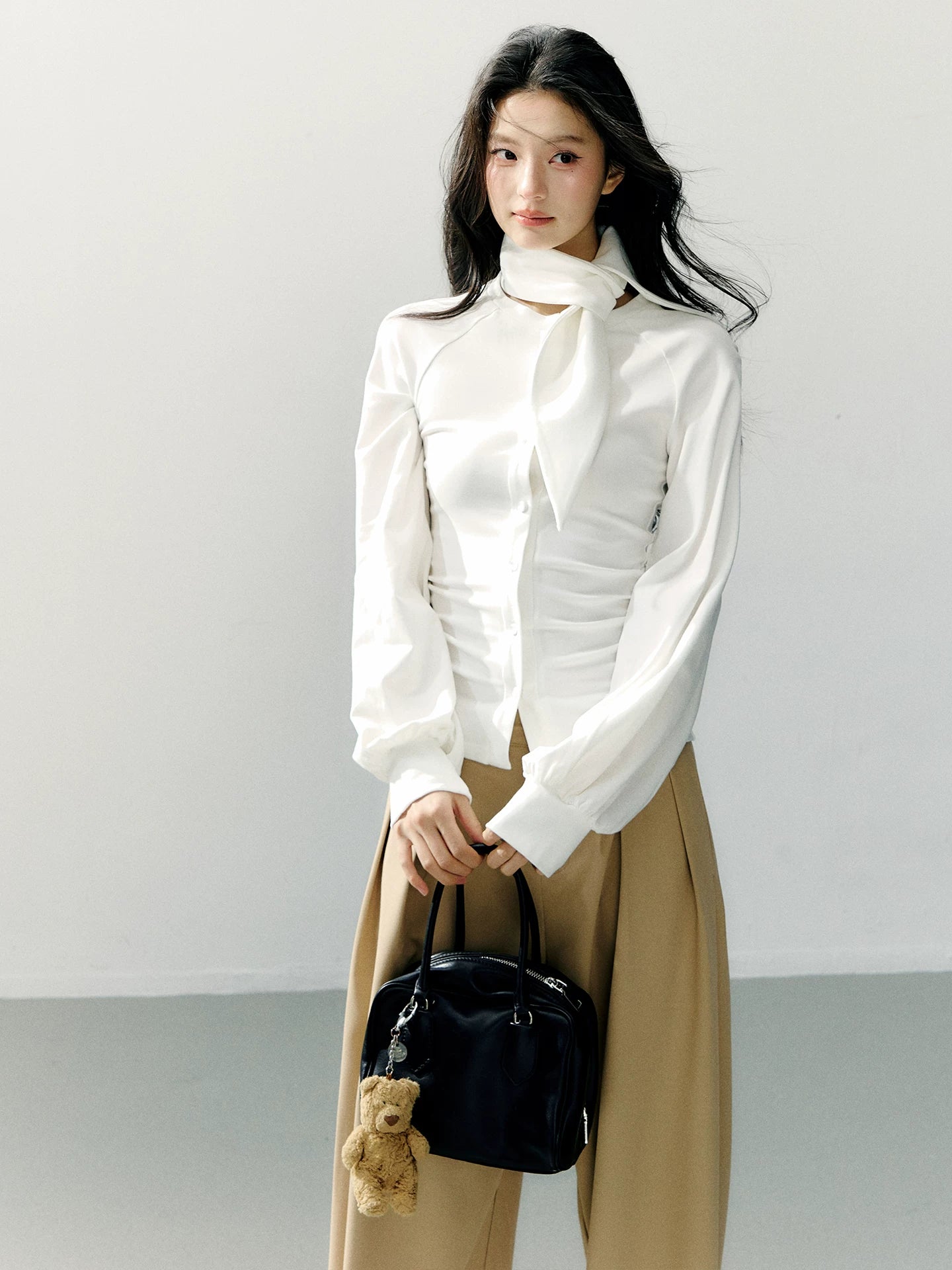 Scarf Collar Fitted Knit Long Sleeve Shirt