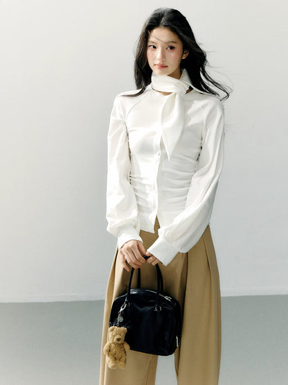 Scarf Collar Fitted Knit Long Sleeve Shirt