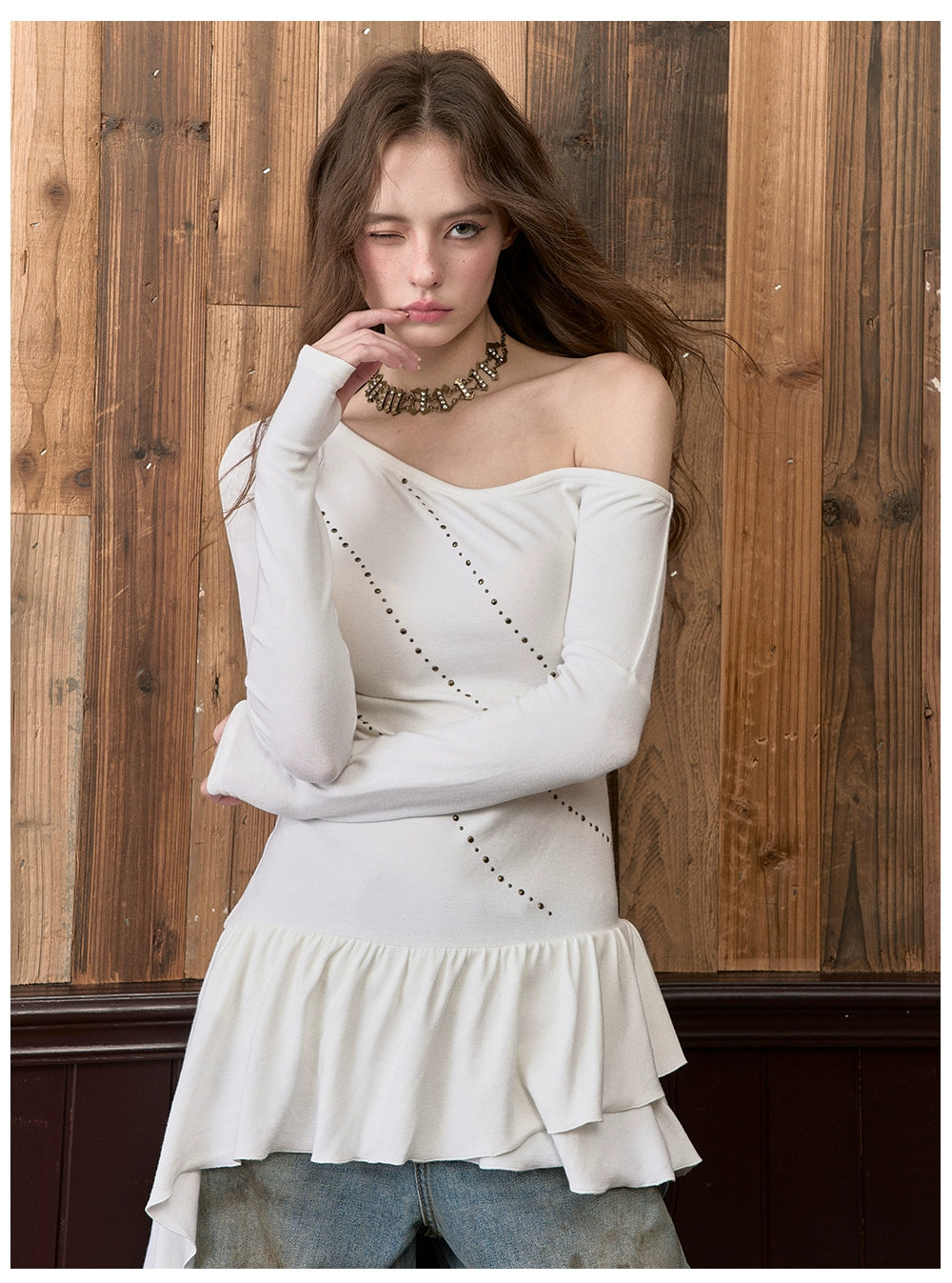 Asymmetrical Studded Off-Shoulder Midi T-Shirt