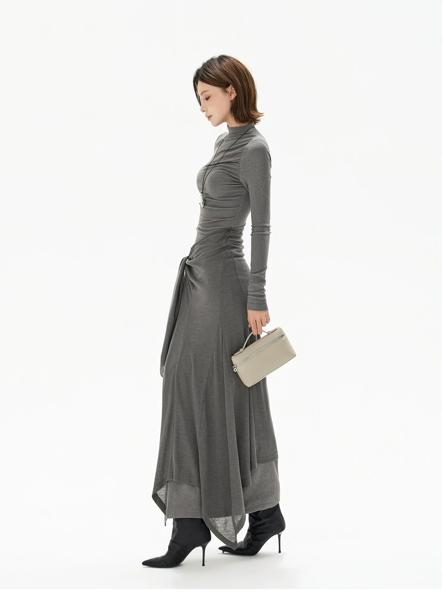 Half-High Neck Tie-Detail Knit Maxi Dress