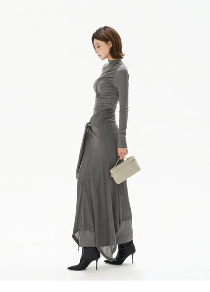 Half-High Neck Tie-Detail Knit Maxi Dress