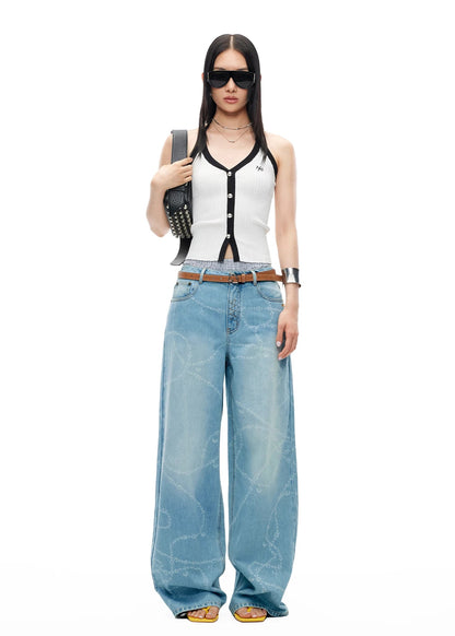 Beverly Printed Wide-Leg Denim Pants