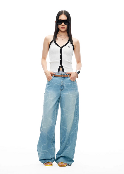 Beverly Printed Wide-Leg Denim Pants