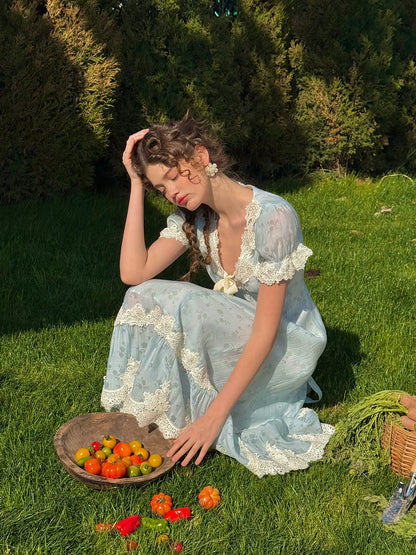 Fresh Baby Blue Lace Short-Sleeve Dress