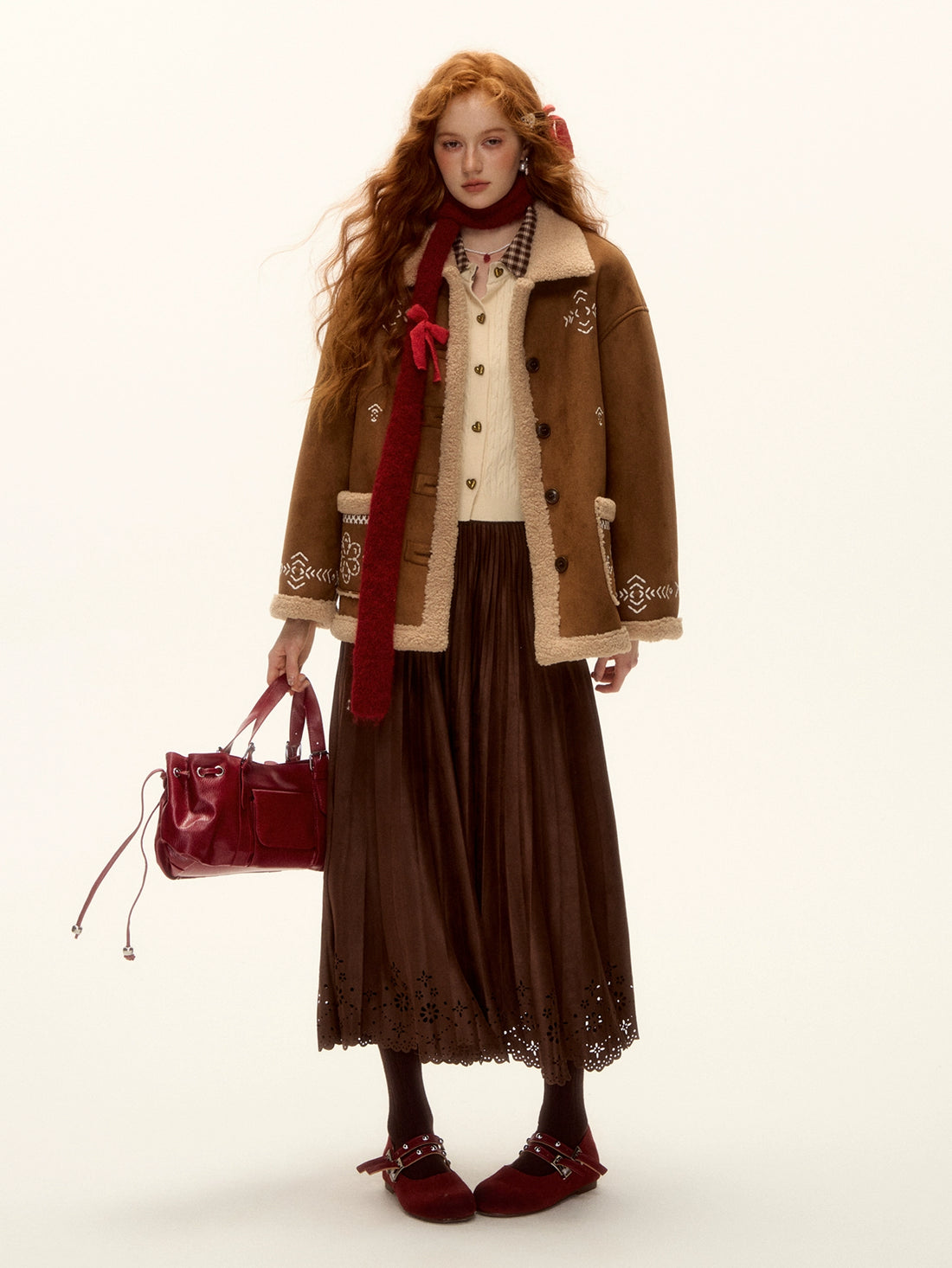 Suede Pleated Midi Skirt