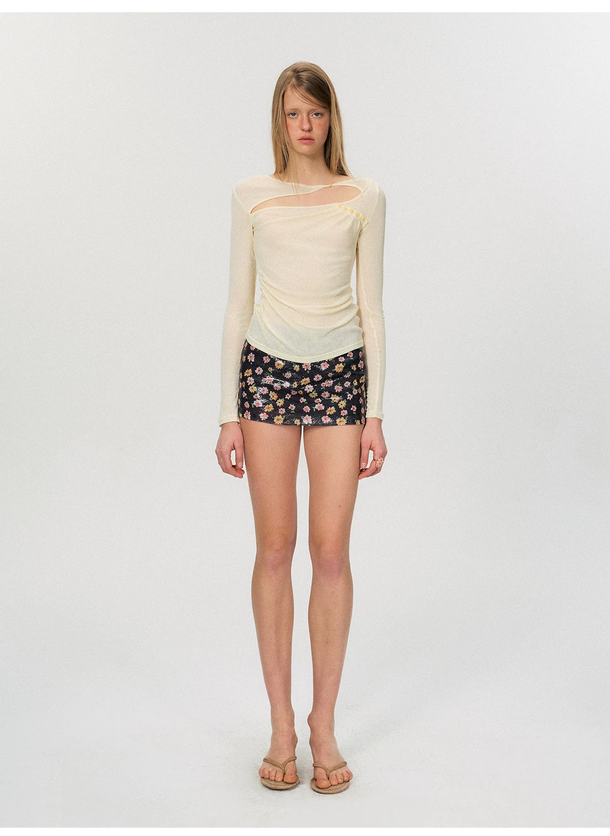 Sheer Textured Cut-Out Long Sleeve Top