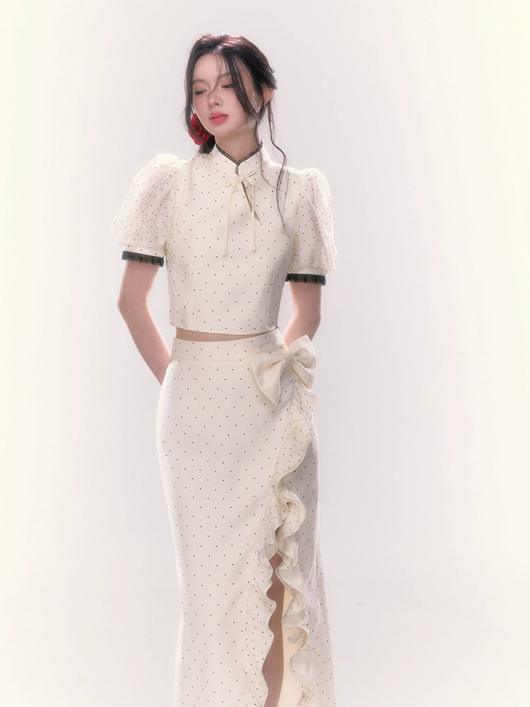 Polka Dot Puff Sleeve Top &amp; Midi Skirt Set - CHINASQUAD