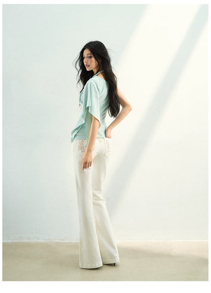 Slim Fit Bamboo-Texture Flared Denim Pants
