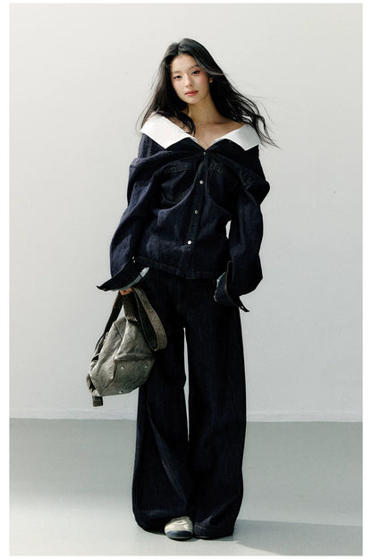 Off-Shoulder Denim Long Sleeve Shirt