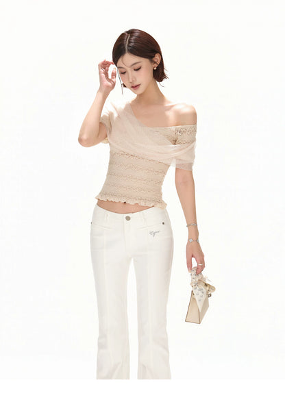French Romantic Lace Off-Shoulder Knit Top