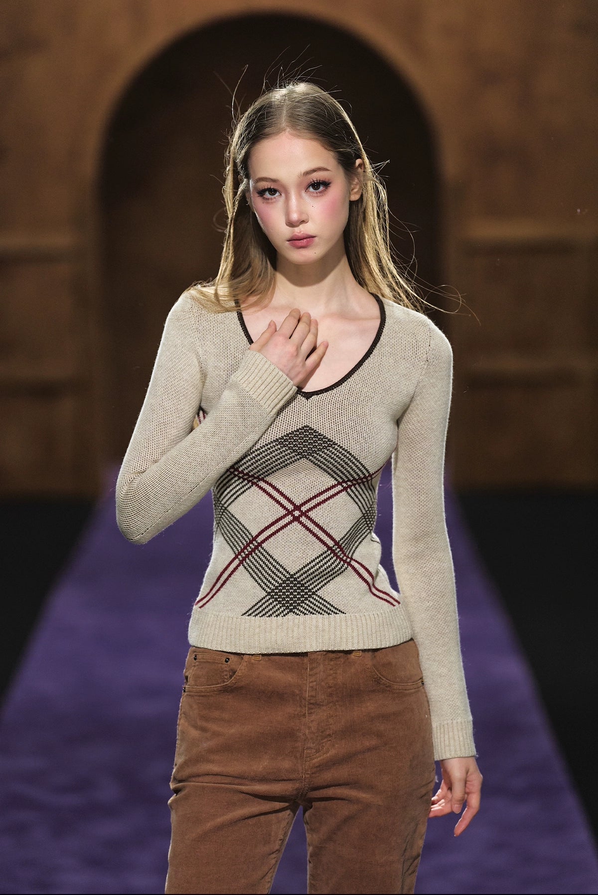 Vintage Check Contrast Slim-Fit Knit Crewneck