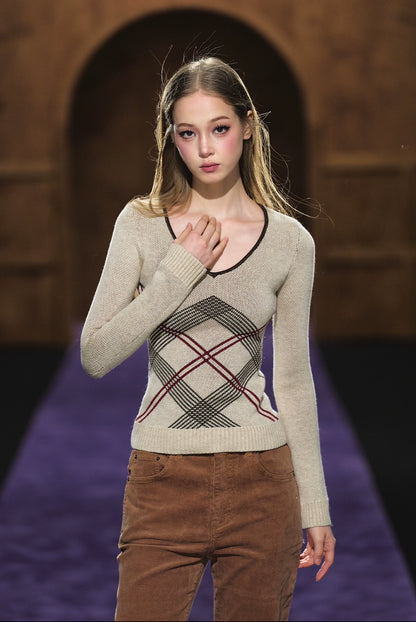 Vintage Check Contrast Slim-Fit Knit Crewneck