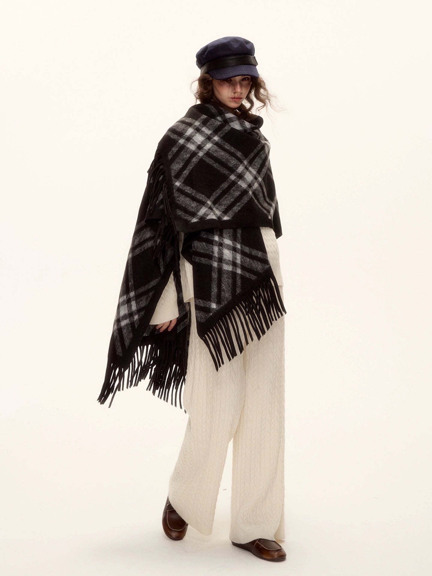 Vintage Plaid Tassel Cape Scarf