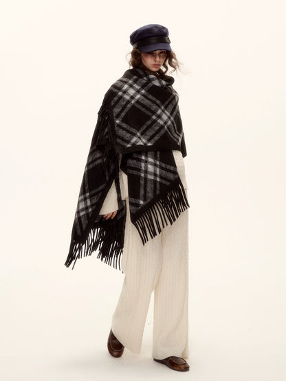 Vintage Plaid Tassel Cape Scarf