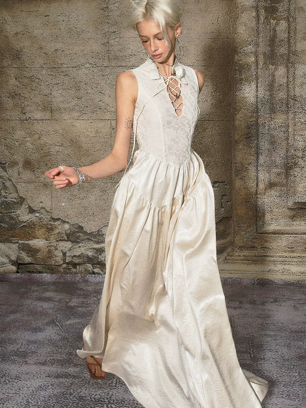 French Elegant Tie-Waist Maxi Dress