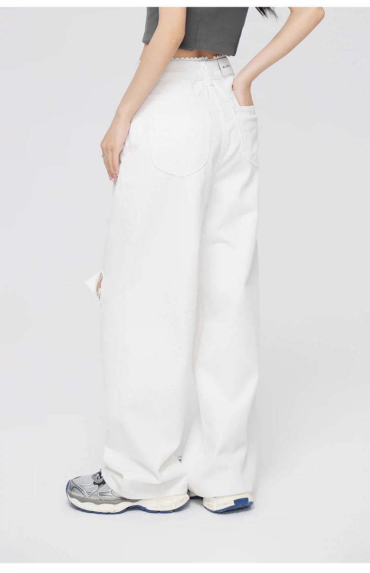 White &amp; Blue Lace Jeans Wide-leg Pants - CHINASQUAD