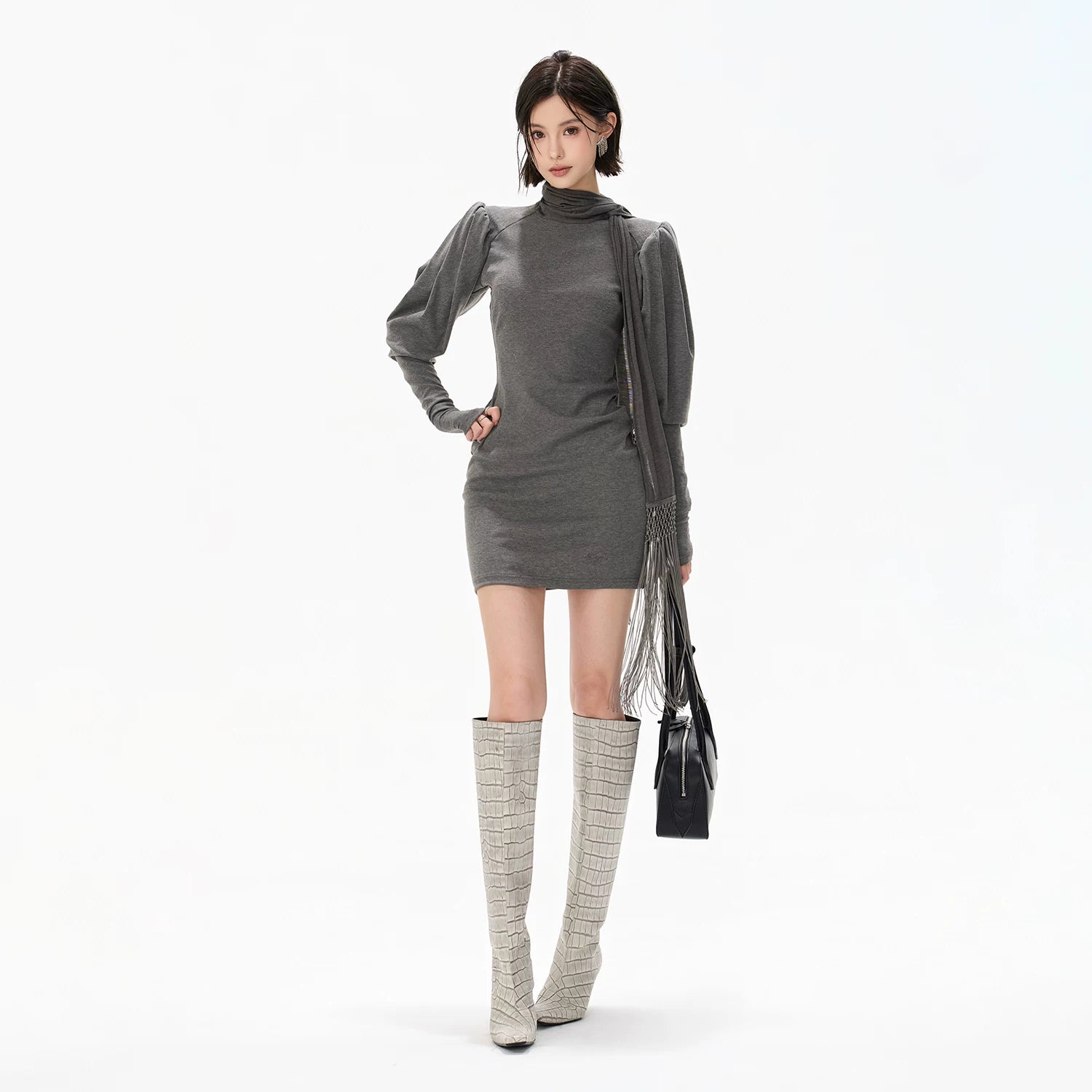 Minimalist Draped Turtleneck Knit Mini Dress with Tassel Ties